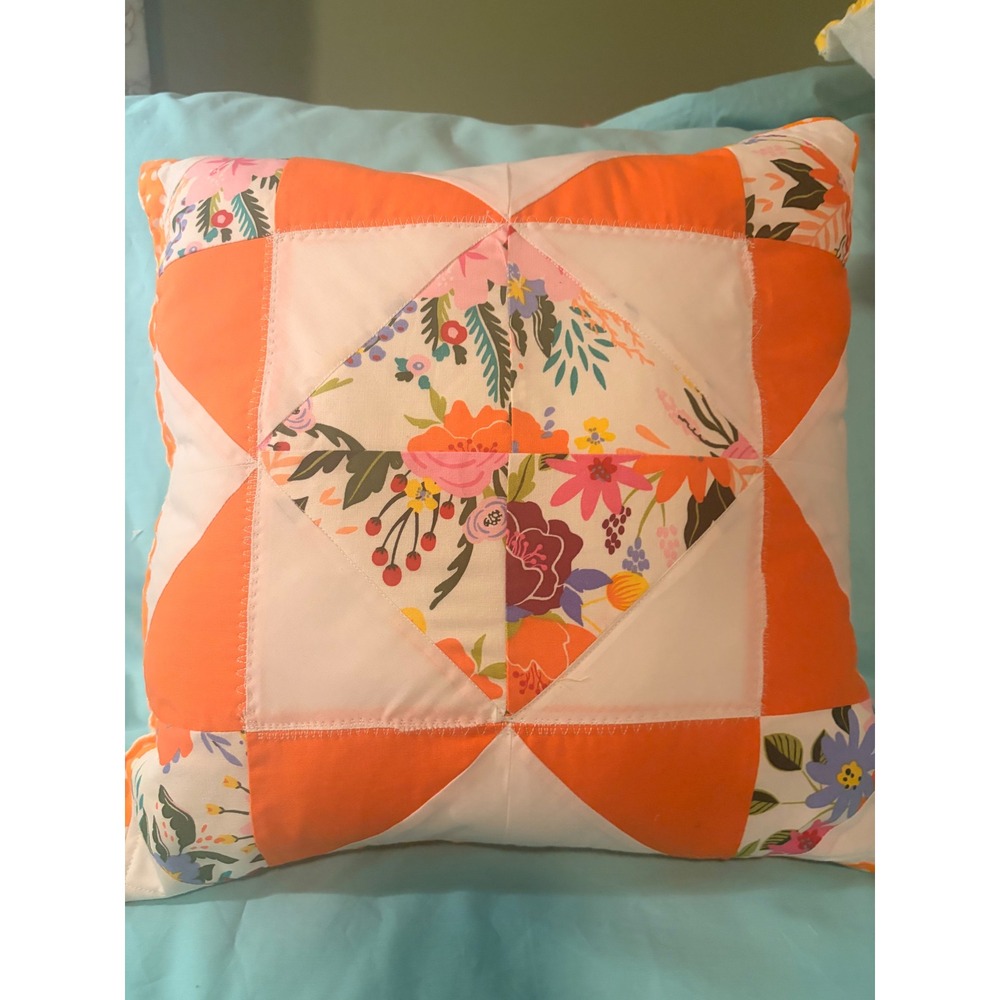 Handmade‎ Quilted Throw Pillow Orange White Floral Patchwork Boho Accent Decor
